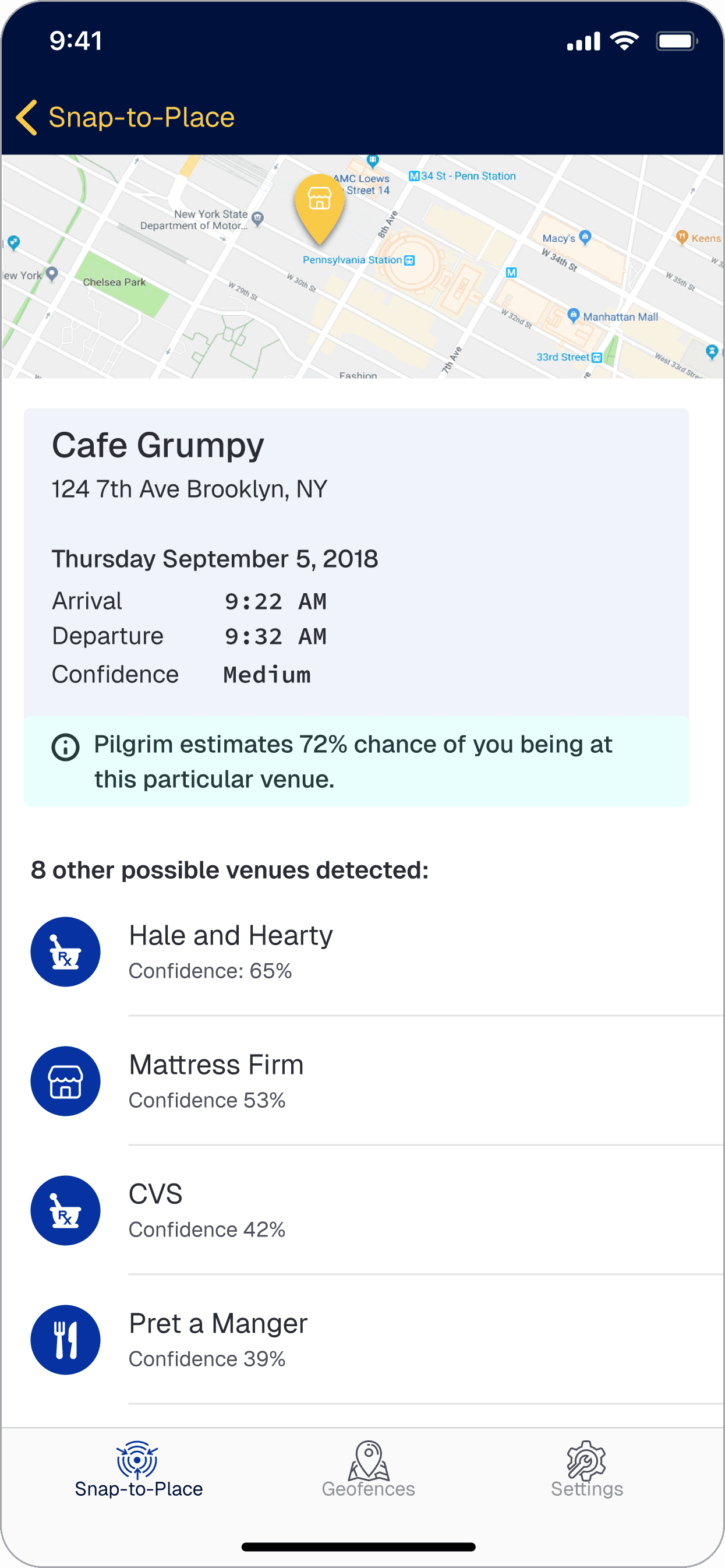 Pilgrim demo app — check-in