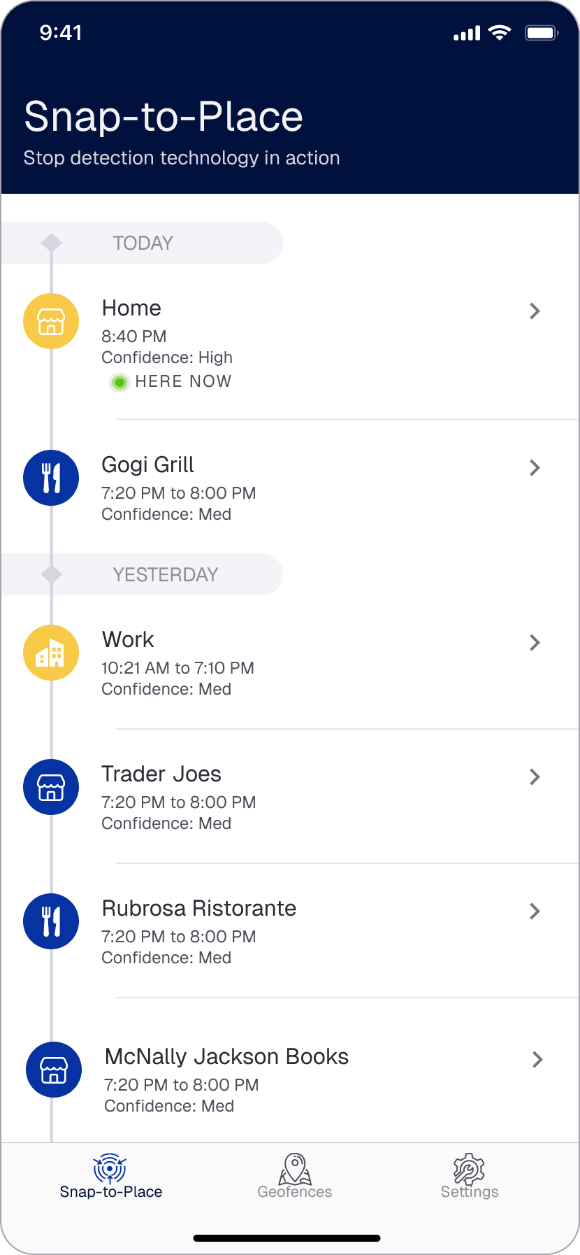 Pilgrim demo app — timeline