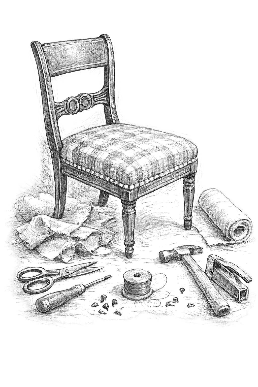 Reupholstered chair with repair tools